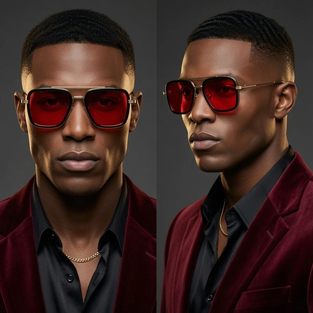 Mens Square Summer Sunglasses Red Lens Gold Black Frame Tony Stark Style Trendy‎